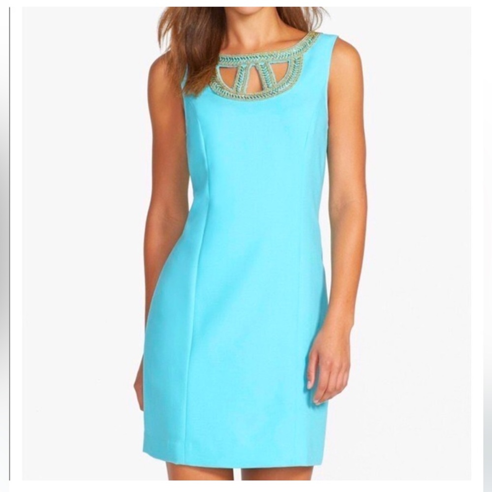 LILLY PULITZER “Lane Shift” Beaded neckline Turquoise Party Going Out Mini Dress